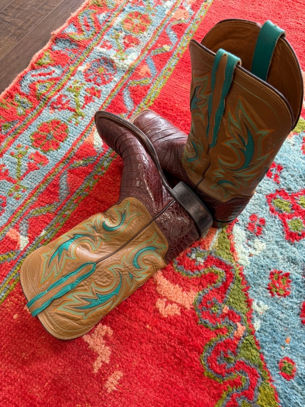 Lucchese Tobacco Caiman Exotic Cowboy Boots with Turquoise Upper - Picture 4 of 6